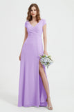Cap Sleeves Chiffon Backless Bridesmaid Dress Long Formal Evening Dresses with Slit