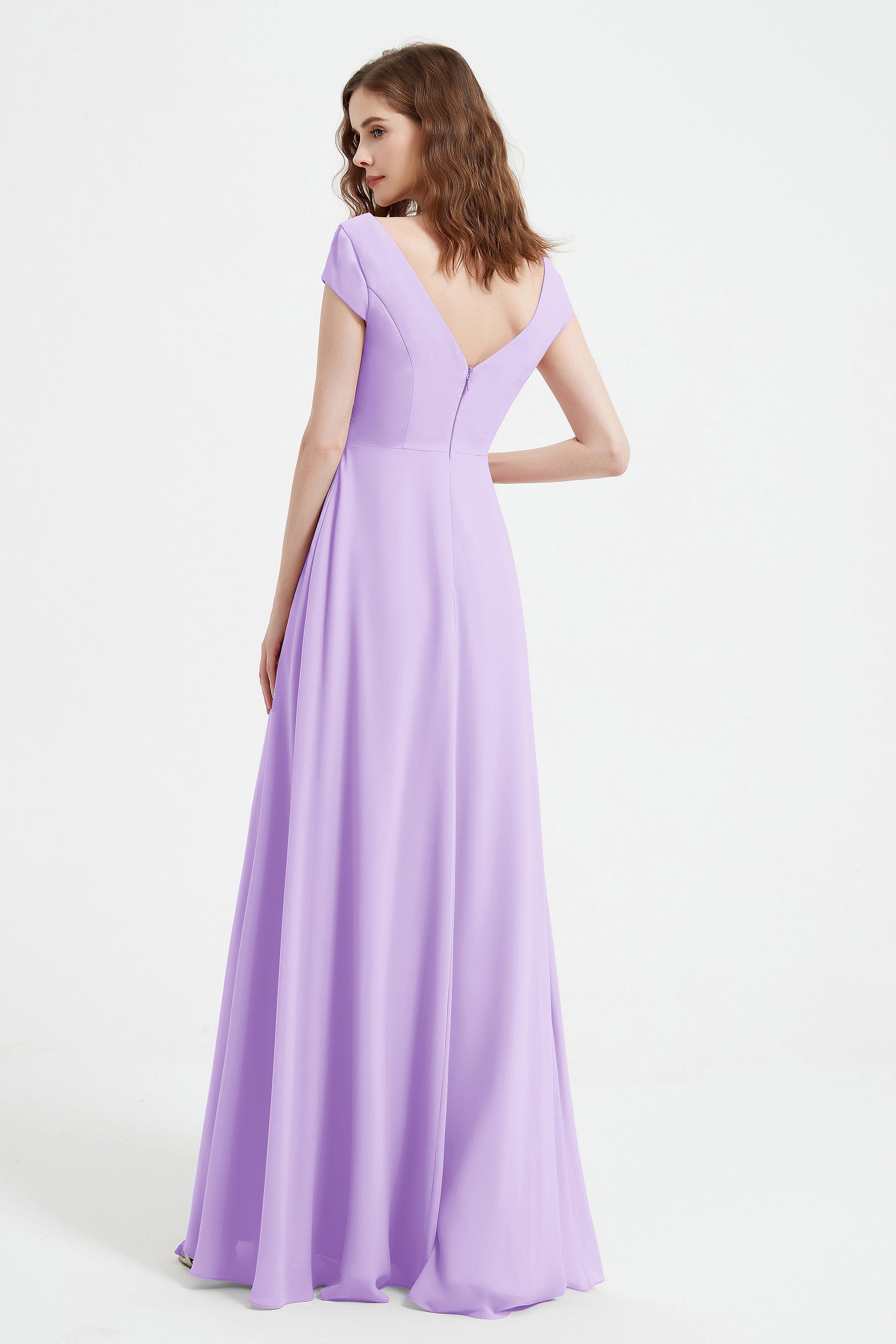 Cap Sleeves Chiffon Backless Bridesmaid Dress Long Formal Evening Dresses with Slit