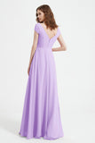 Cap Sleeves Chiffon Backless Bridesmaid Dress Long Formal Evening Dresses with Slit