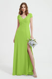 Cap Sleeves Chiffon Backless Bridesmaid Dress Long Formal Evening Dresses with Slit