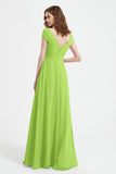 Cap Sleeves Chiffon Backless Bridesmaid Dress Long Formal Evening Dresses with Slit