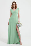 Cap Sleeves Chiffon Backless Bridesmaid Dress Long Formal Evening Dresses with Slit