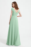 Cap Sleeves Chiffon Backless Bridesmaid Dress Long Formal Evening Dresses with Slit