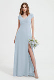 Cap Sleeves Chiffon Backless Bridesmaid Dress Long Formal Evening Dresses with Slit