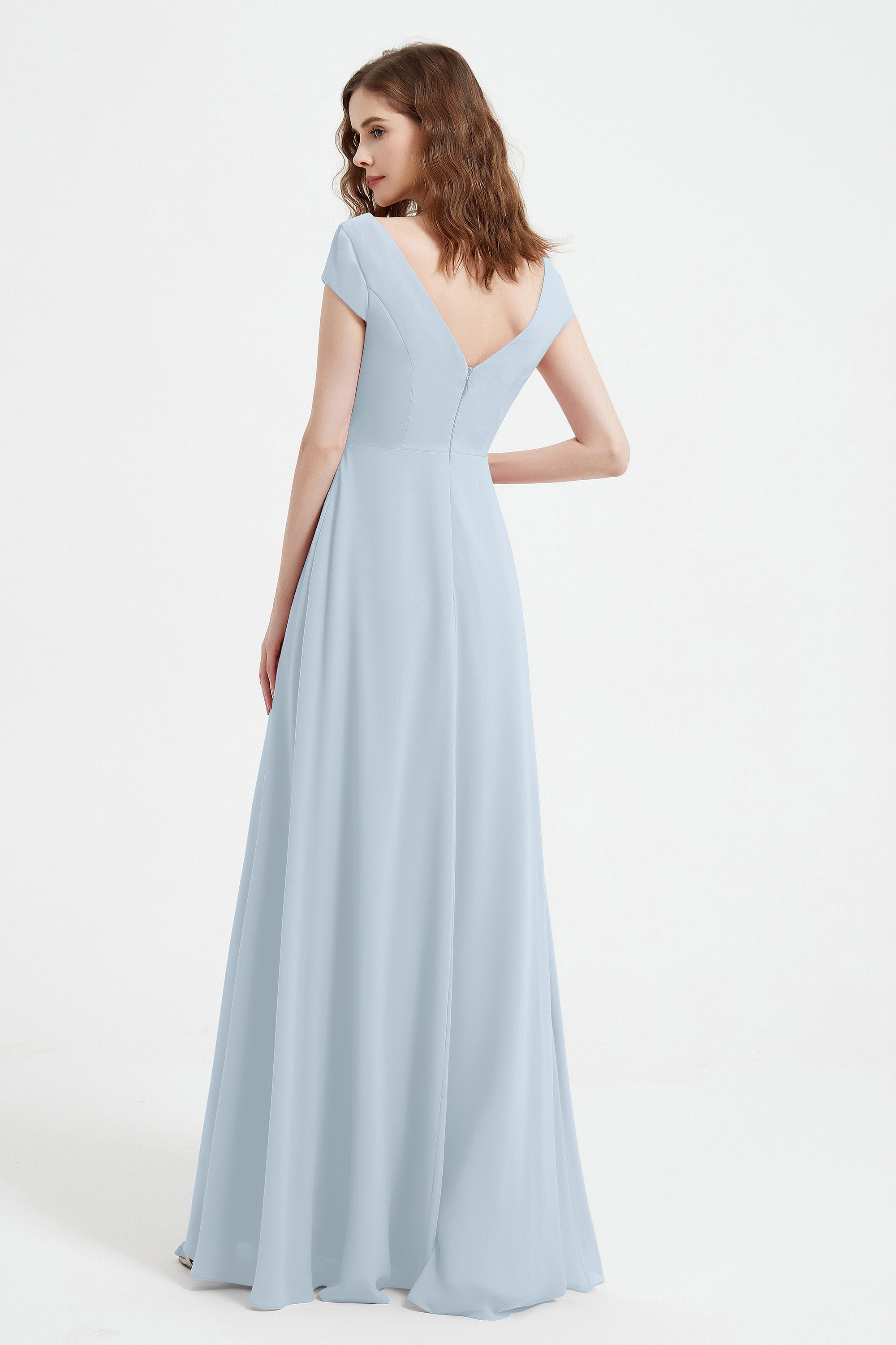 Cap Sleeves Chiffon Backless Bridesmaid Dress Long Formal Evening Dresses with Slit
