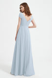 Cap Sleeves Chiffon Backless Bridesmaid Dress Long Formal Evening Dresses with Slit