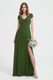 Cap Sleeves Chiffon Backless Bridesmaid Dress Long Formal Evening Dresses with Slit