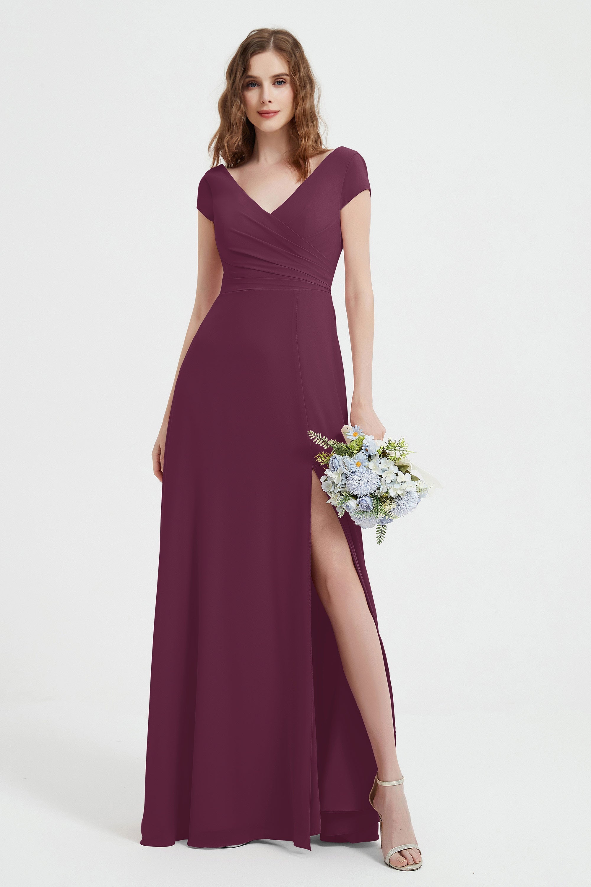 Cap Sleeves Chiffon Backless Bridesmaid Dress Long Formal Evening Dresses with Slit