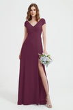 Cap Sleeves Chiffon Backless Bridesmaid Dress Long Formal Evening Dresses with Slit