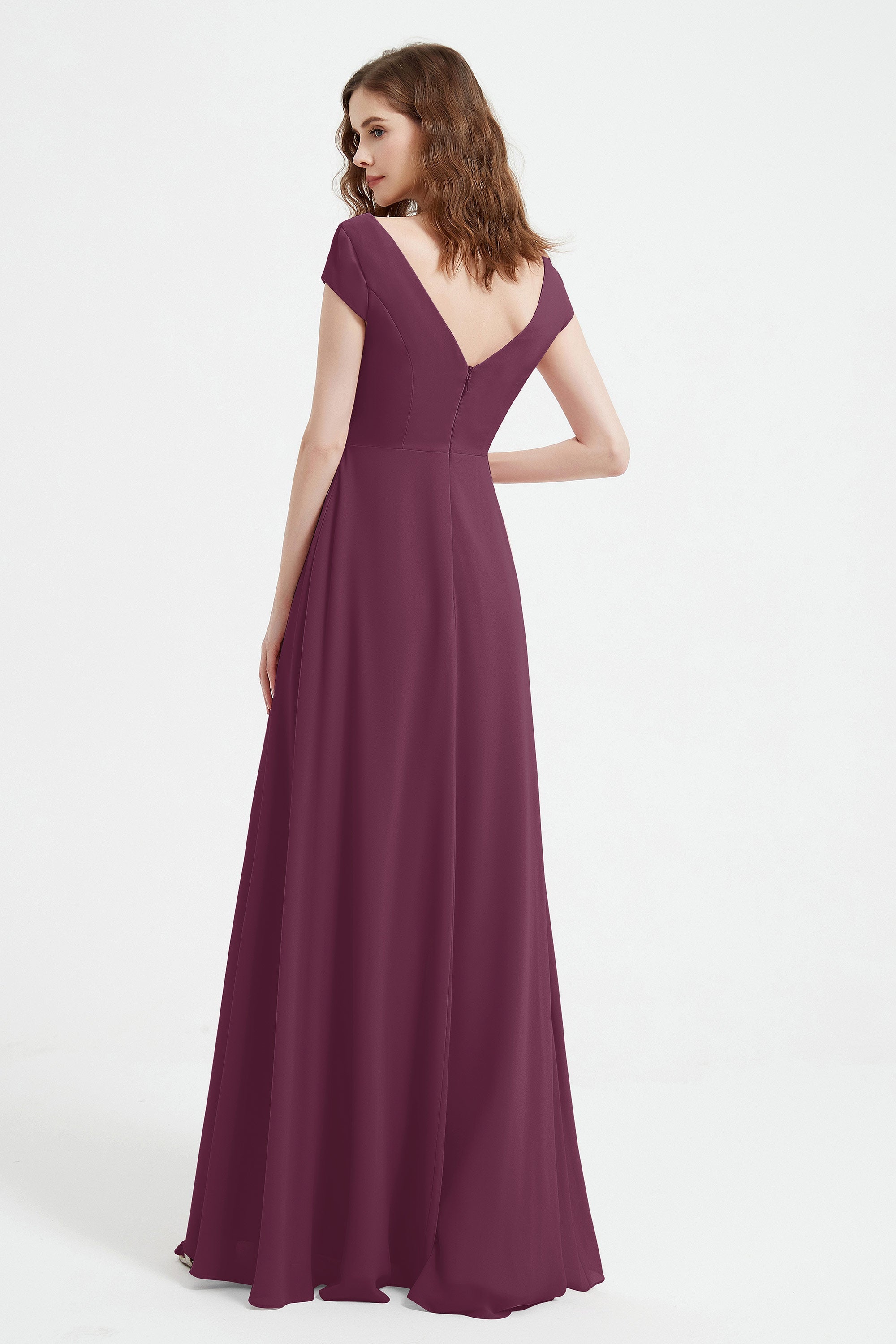 Cap Sleeves Chiffon Backless Bridesmaid Dress Long Formal Evening Dresses with Slit