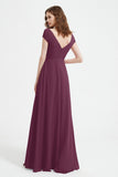 Cap Sleeves Chiffon Backless Bridesmaid Dress Long Formal Evening Dresses with Slit