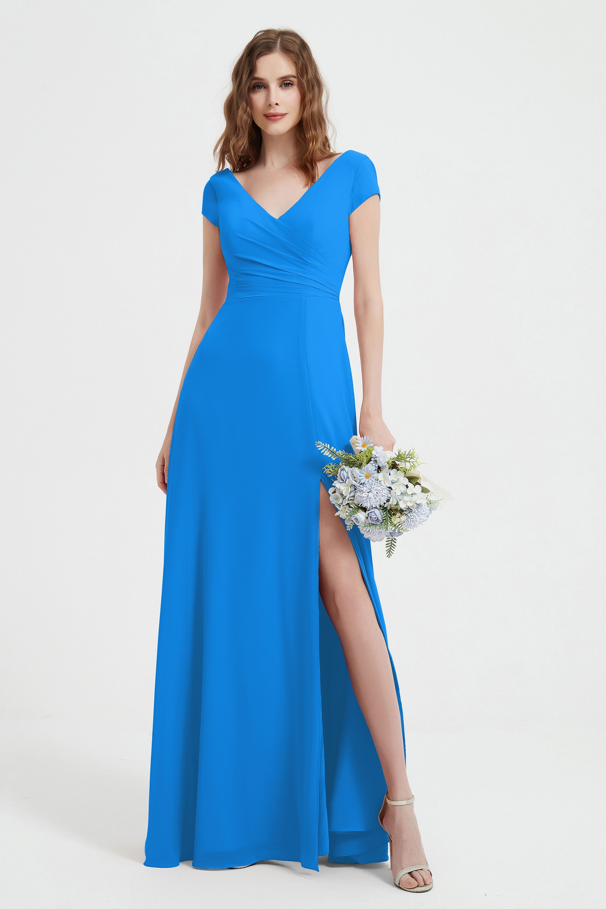 Cap Sleeves Chiffon Backless Bridesmaid Dress Long Formal Evening Dresses with Slit