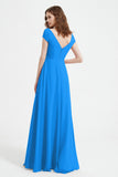 Cap Sleeves Chiffon Backless Bridesmaid Dress Long Formal Evening Dresses with Slit