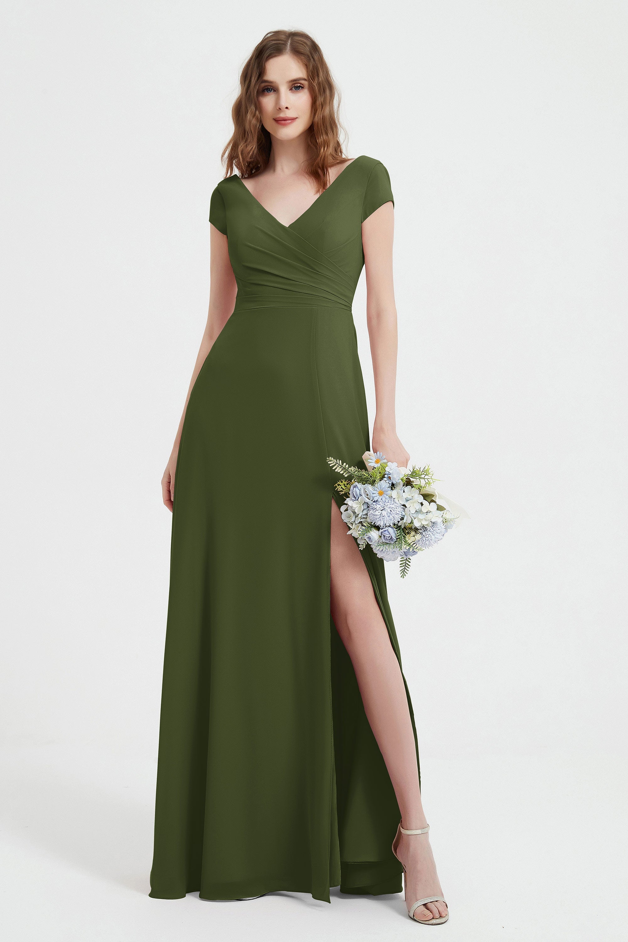 Cap Sleeves Chiffon Backless Bridesmaid Dress Long Formal Evening Dresses with Slit