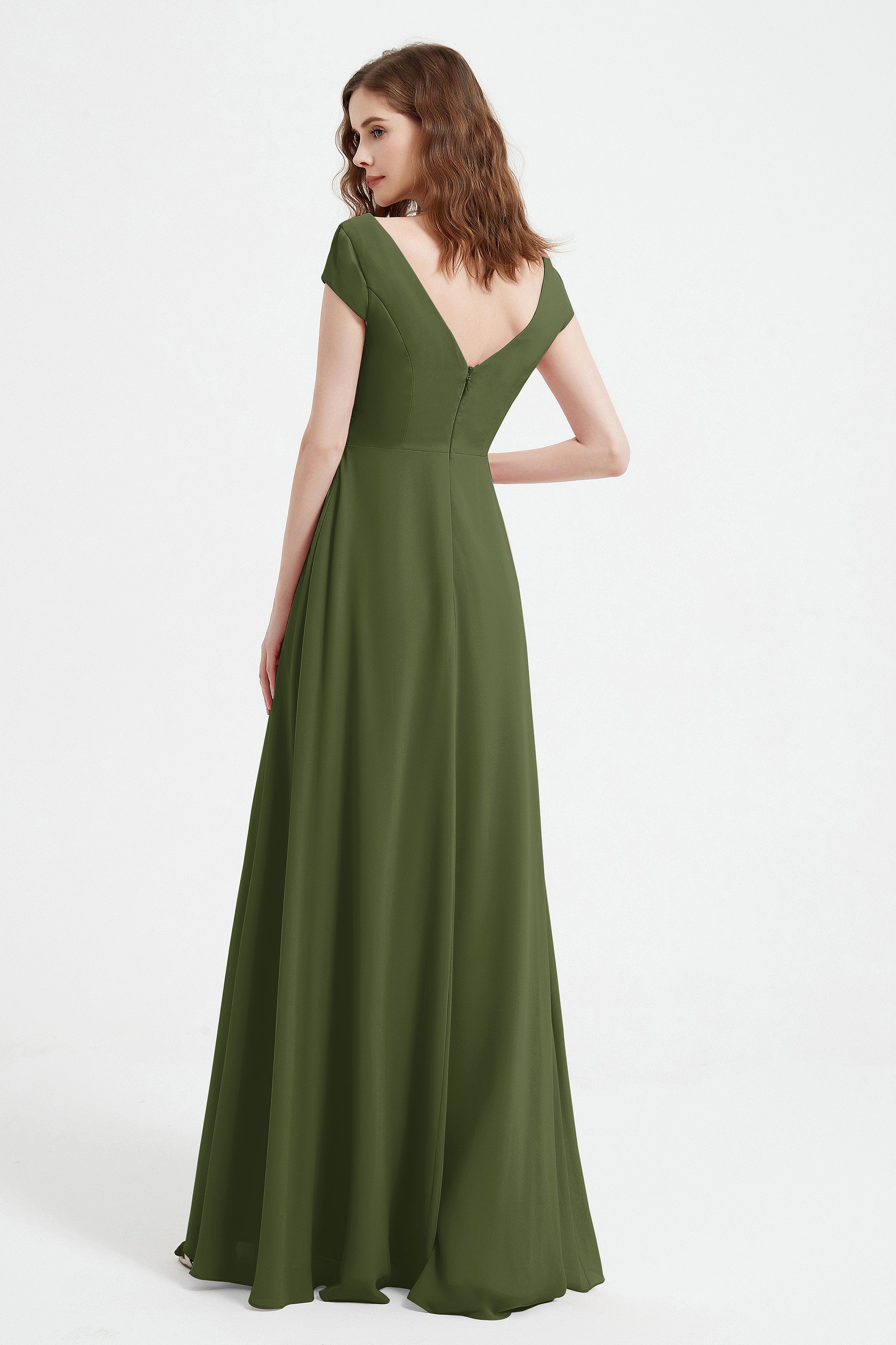 Cap Sleeves Chiffon Backless Bridesmaid Dress Long Formal Evening Dresses with Slit