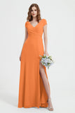 Cap Sleeves Chiffon Backless Bridesmaid Dress Long Formal Evening Dresses with Slit