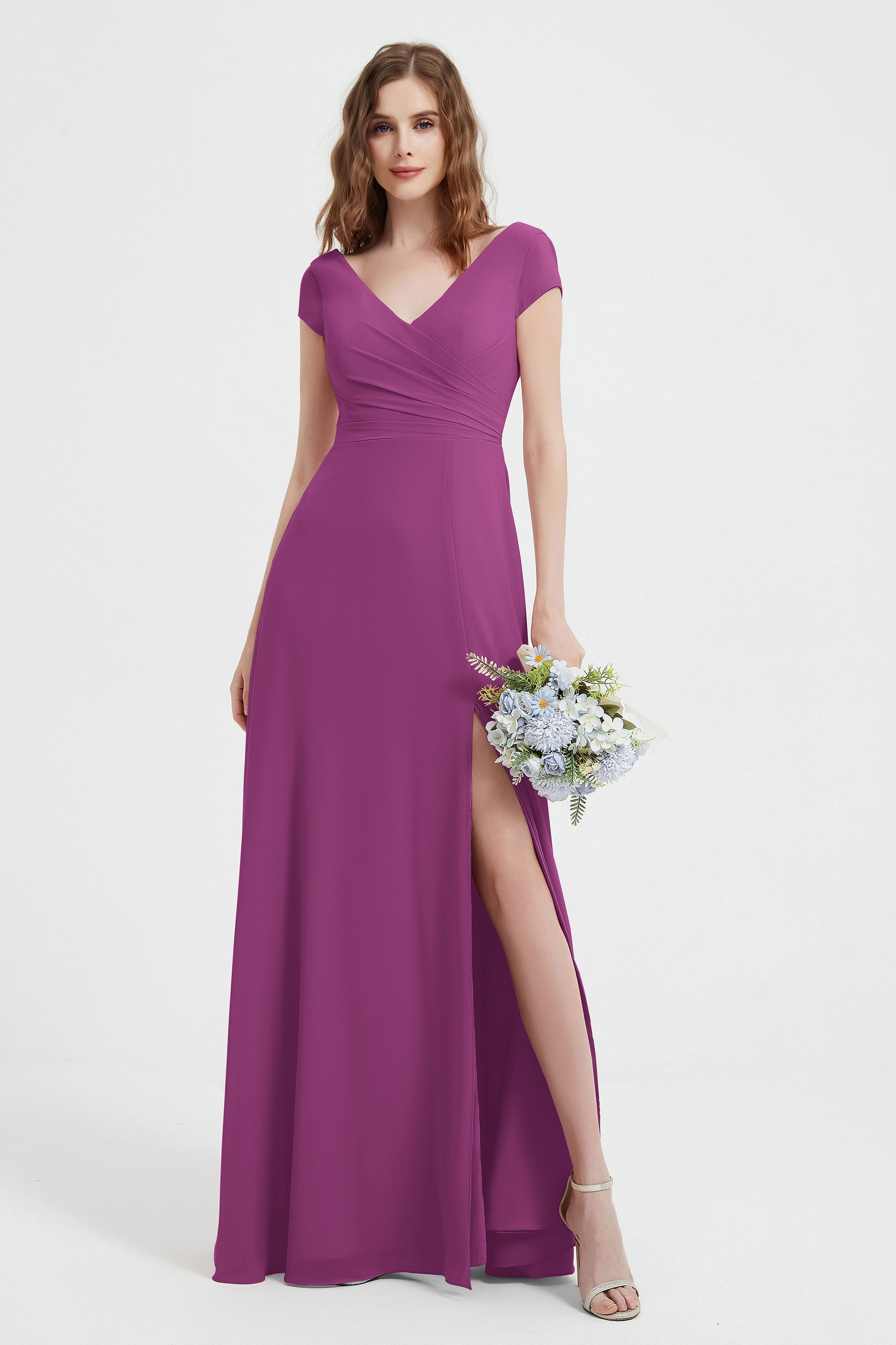 Cap Sleeves Chiffon Backless Bridesmaid Dress Long Formal Evening Dresses with Slit