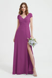 Cap Sleeves Chiffon Backless Bridesmaid Dress Long Formal Evening Dresses with Slit