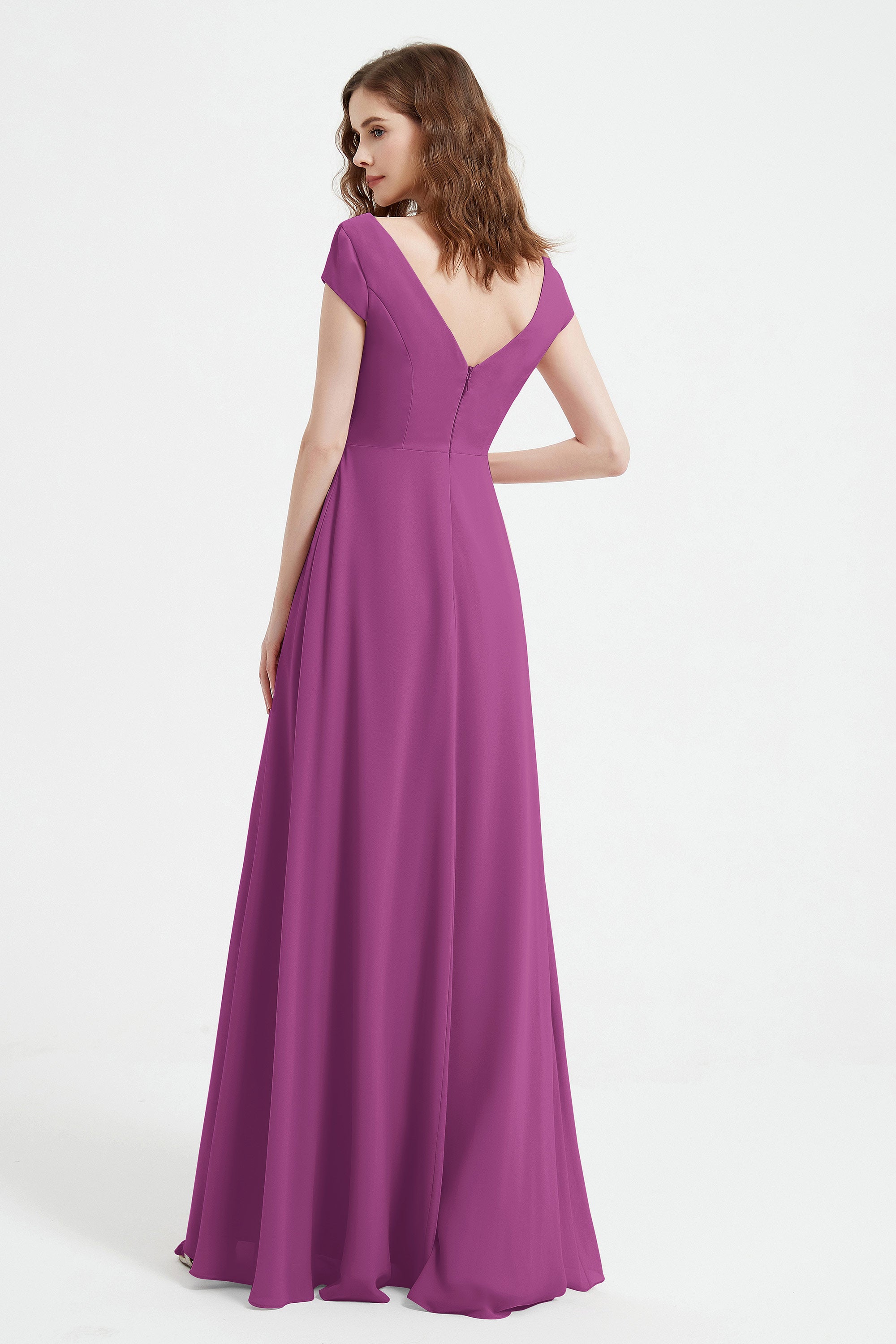 Cap Sleeves Chiffon Backless Bridesmaid Dress Long Formal Evening Dresses with Slit