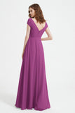 Cap Sleeves Chiffon Backless Bridesmaid Dress Long Formal Evening Dresses with Slit