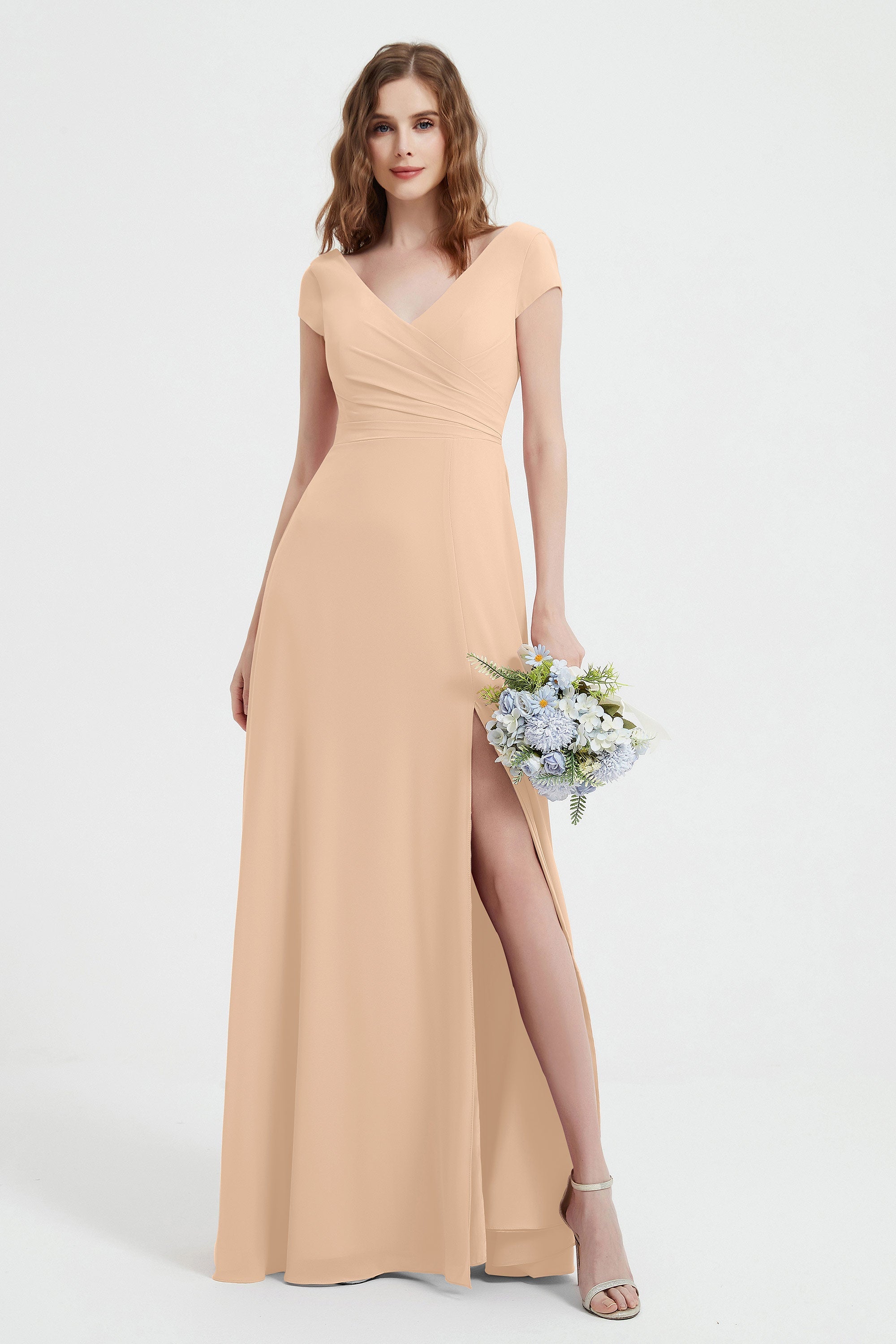 Cap Sleeves Chiffon Backless Bridesmaid Dress Long Formal Evening Dresses with Slit