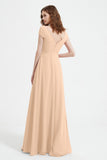 Cap Sleeves Chiffon Backless Bridesmaid Dress Long Formal Evening Dresses with Slit