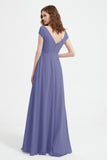 Cap Sleeves Chiffon Backless Bridesmaid Dress Long Formal Evening Dresses with Slit