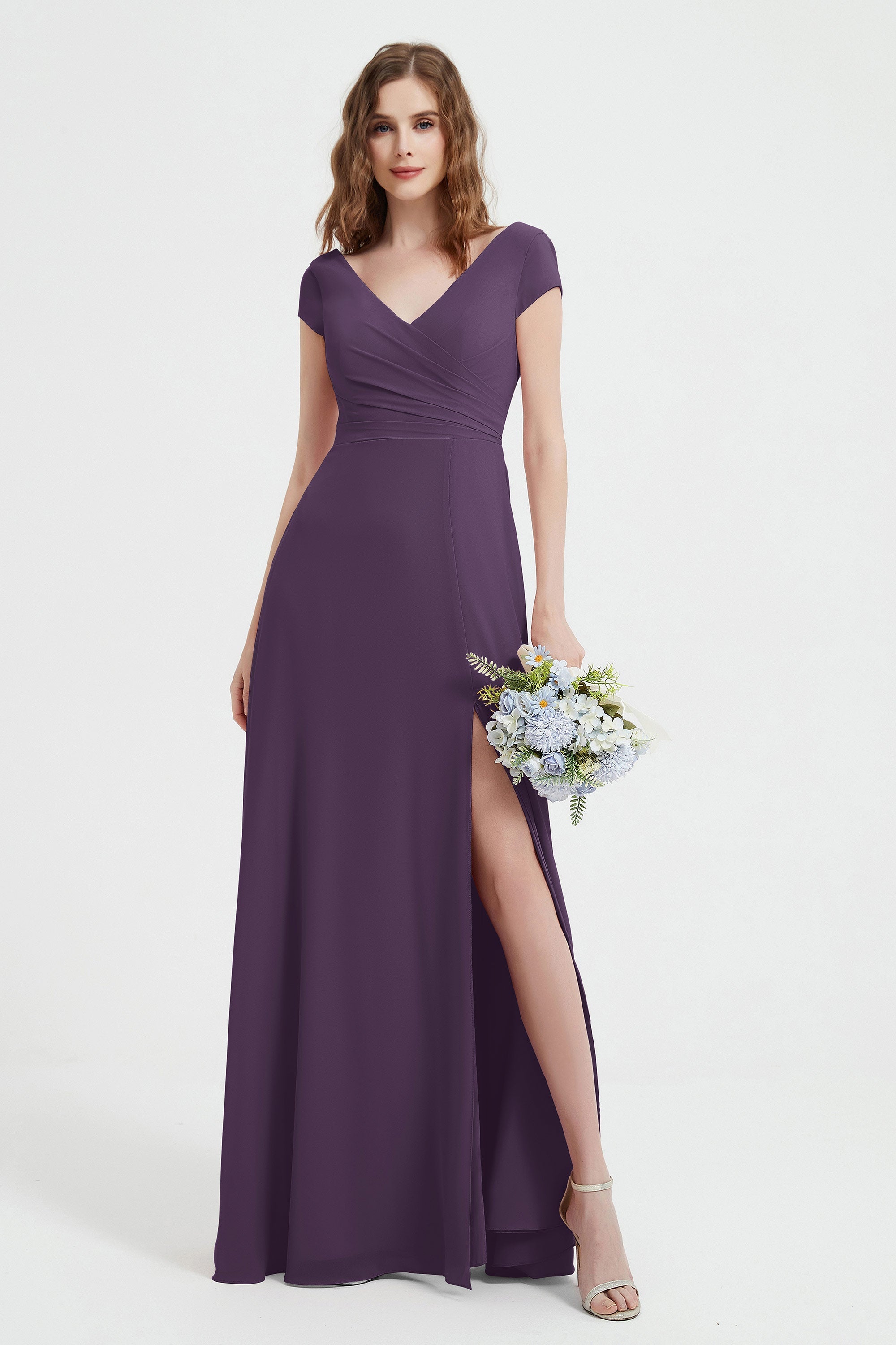 Cap Sleeves Chiffon Backless Bridesmaid Dress Long Formal Evening Dresses with Slit