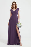 Cap Sleeves Chiffon Backless Bridesmaid Dress Long Formal Evening Dresses with Slit