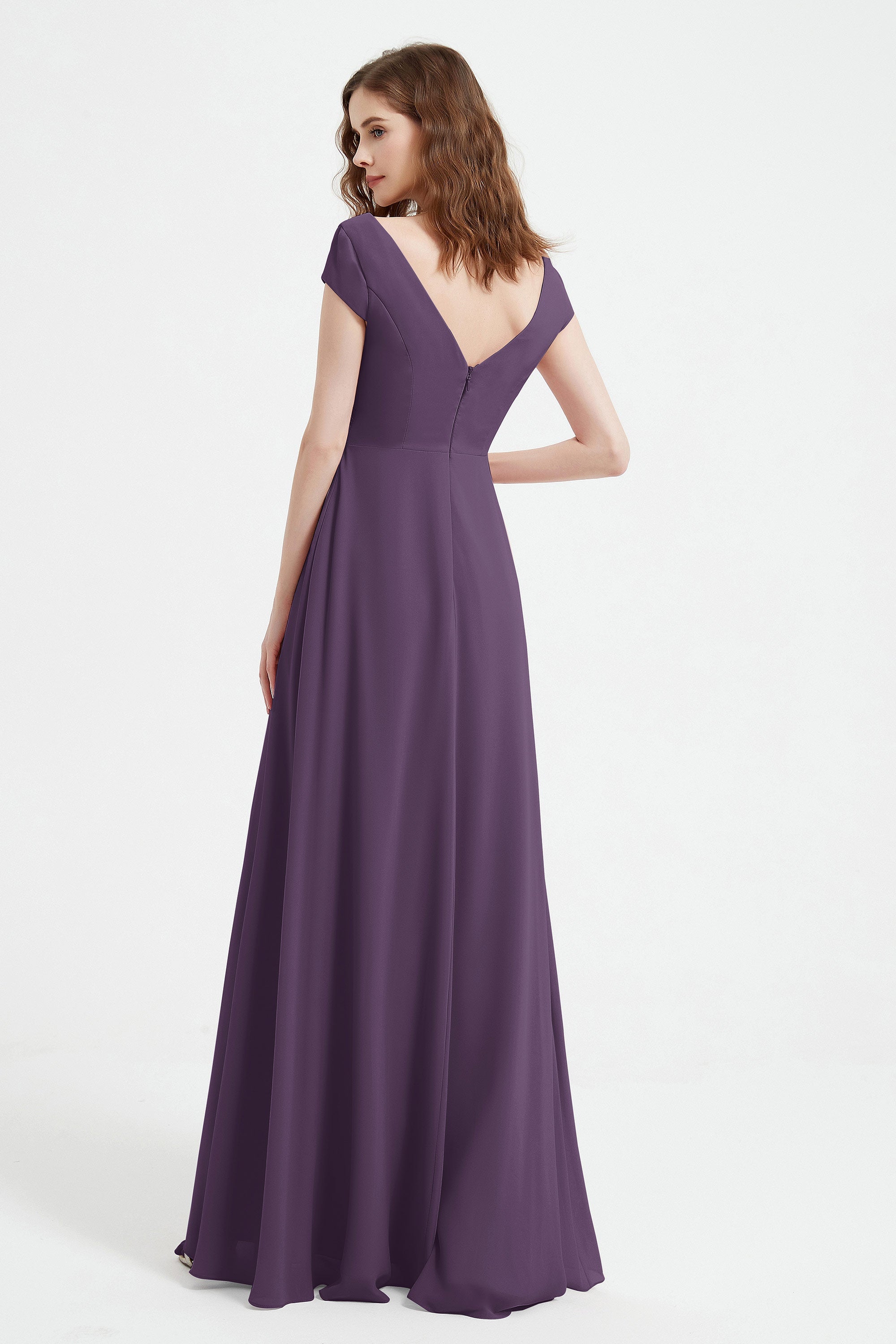 Cap Sleeves Chiffon Backless Bridesmaid Dress Long Formal Evening Dresses with Slit