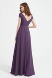 Cap Sleeves Chiffon Backless Bridesmaid Dress Long Formal Evening Dresses with Slit