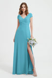 Cap Sleeves Chiffon Backless Bridesmaid Dress Long Formal Evening Dresses with Slit