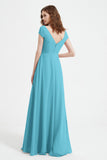 Cap Sleeves Chiffon Backless Bridesmaid Dress Long Formal Evening Dresses with Slit