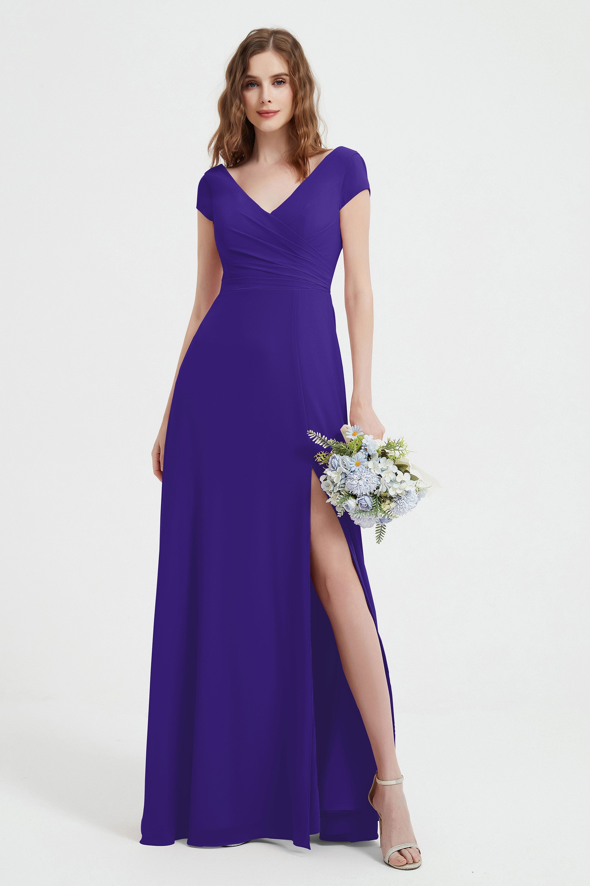 Cap Sleeves Chiffon Backless Bridesmaid Dress Long Formal Evening Dresses with Slit