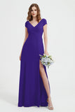Cap Sleeves Chiffon Backless Bridesmaid Dress Long Formal Evening Dresses with Slit
