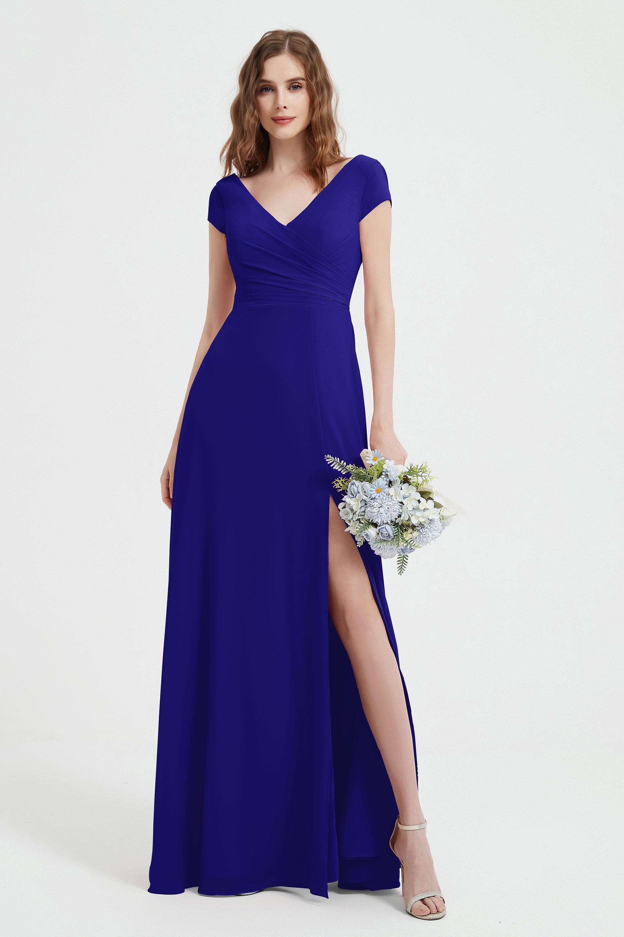 Cap Sleeves Chiffon Backless Bridesmaid Dress Long Formal Evening Dresses with Slit