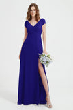Cap Sleeves Chiffon Backless Bridesmaid Dress Long Formal Evening Dresses with Slit