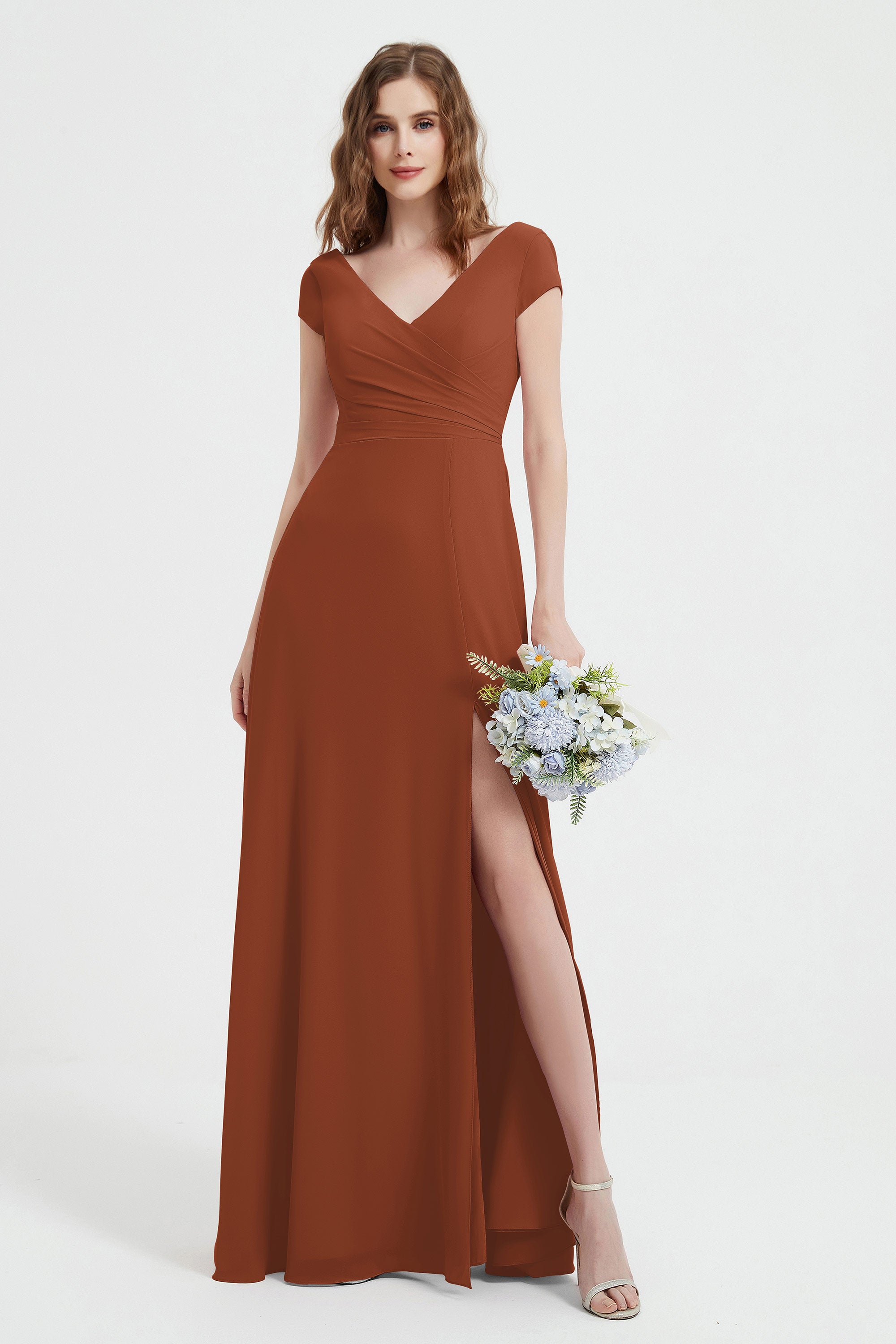 Cap Sleeves Chiffon Backless Bridesmaid Dress Long Formal Evening Dresses with Slit