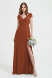 Cap Sleeves Chiffon Backless Bridesmaid Dress Long Formal Evening Dresses with Slit