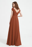 Cap Sleeves Chiffon Backless Bridesmaid Dress Long Formal Evening Dresses with Slit