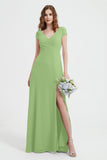 Cap Sleeves Chiffon Backless Bridesmaid Dress Long Formal Evening Dresses with Slit