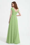 Cap Sleeves Chiffon Backless Bridesmaid Dress Long Formal Evening Dresses with Slit