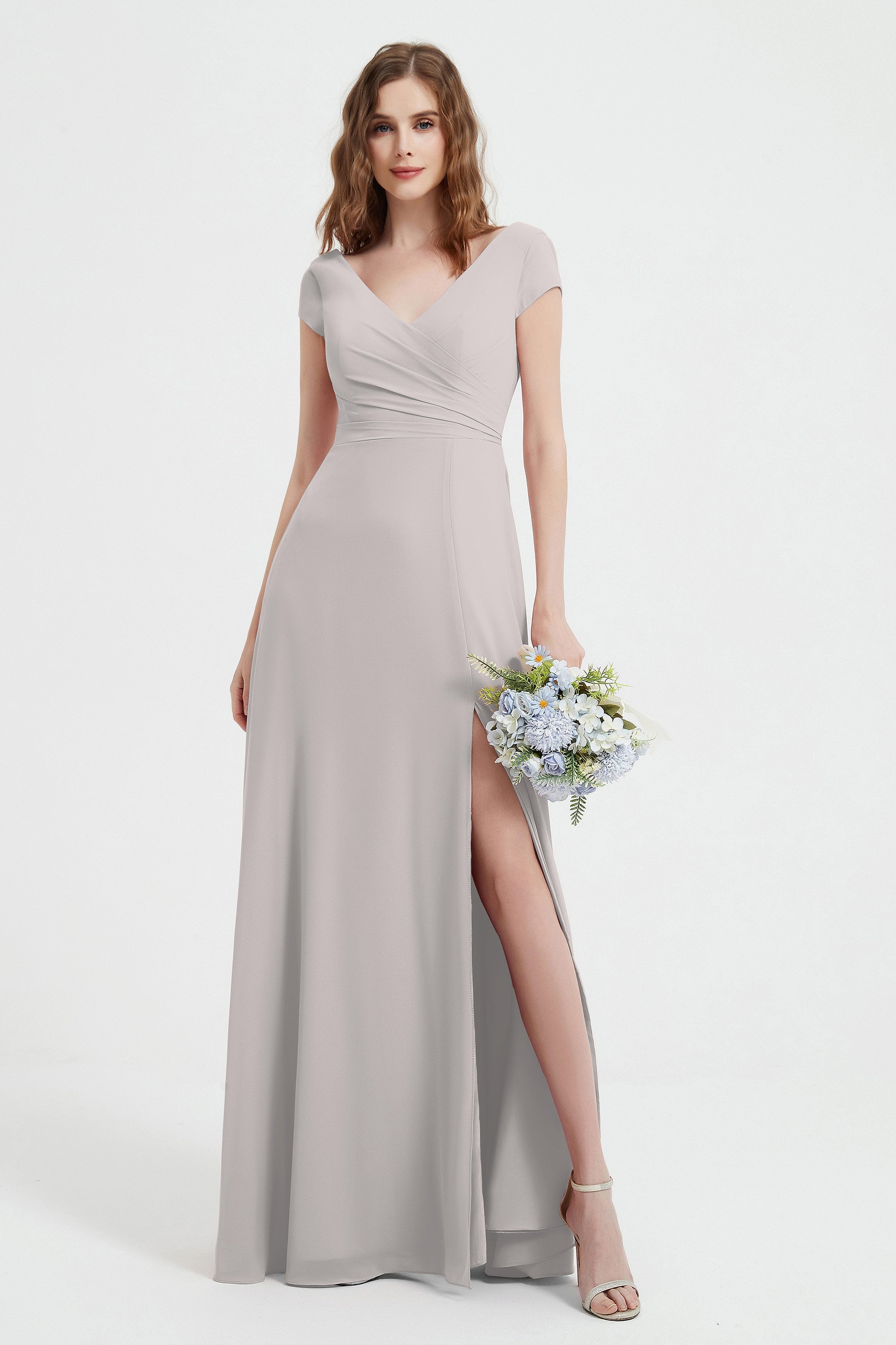 Cap Sleeves Chiffon Backless Bridesmaid Dress Long Formal Evening Dresses with Slit