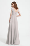 Cap Sleeves Chiffon Backless Bridesmaid Dress Long Formal Evening Dresses with Slit