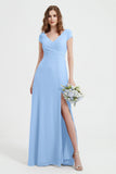 Cap Sleeves Chiffon Backless Bridesmaid Dress Long Formal Evening Dresses with Slit