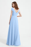 Cap Sleeves Chiffon Backless Bridesmaid Dress Long Formal Evening Dresses with Slit