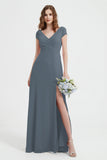 Cap Sleeves Chiffon Backless Bridesmaid Dress Long Formal Evening Dresses with Slit