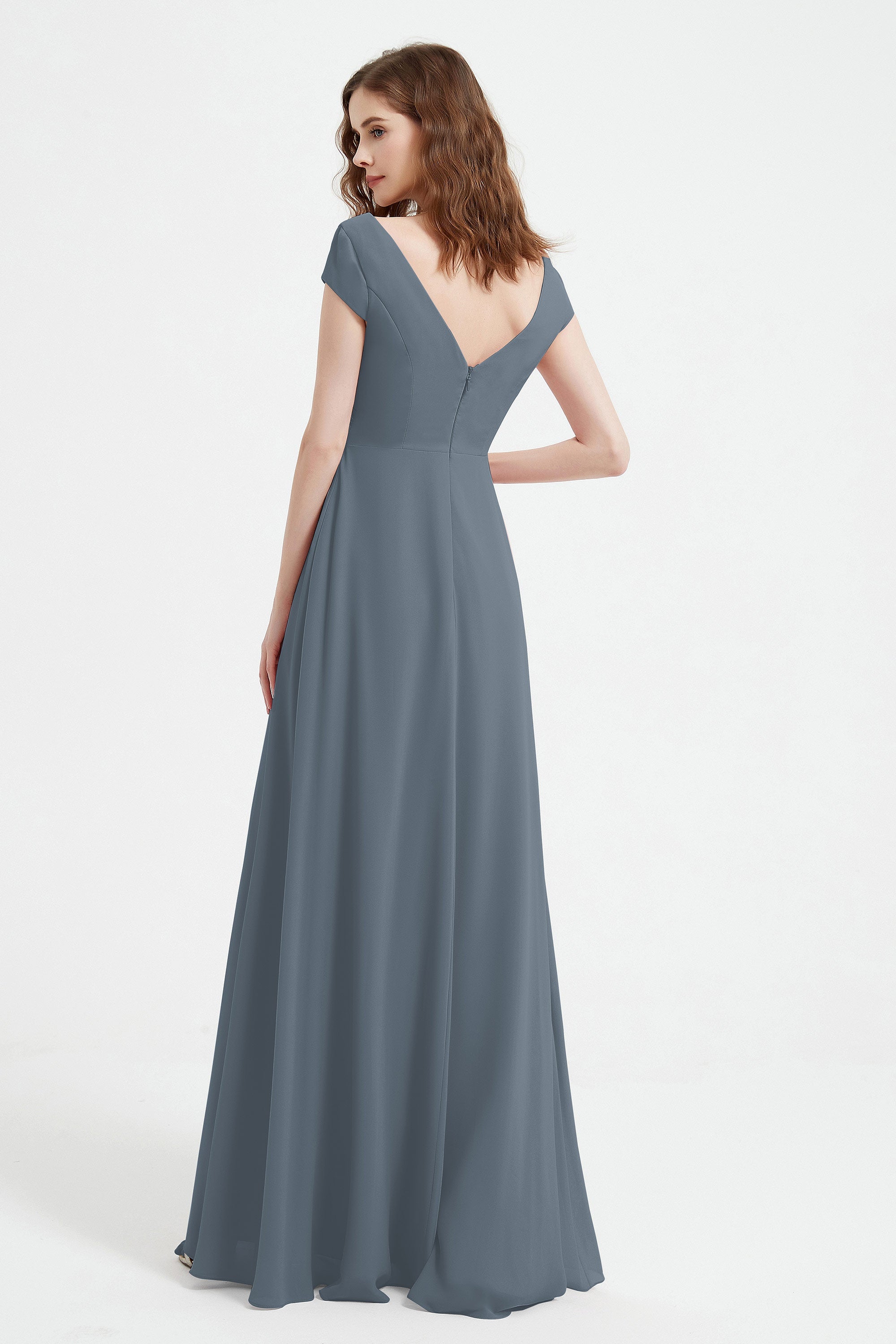 Cap Sleeves Chiffon Backless Bridesmaid Dress Long Formal Evening Dresses with Slit