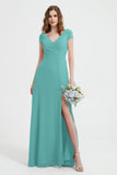 Cap Sleeves Chiffon Backless Bridesmaid Dress Long Formal Evening Dresses with Slit
