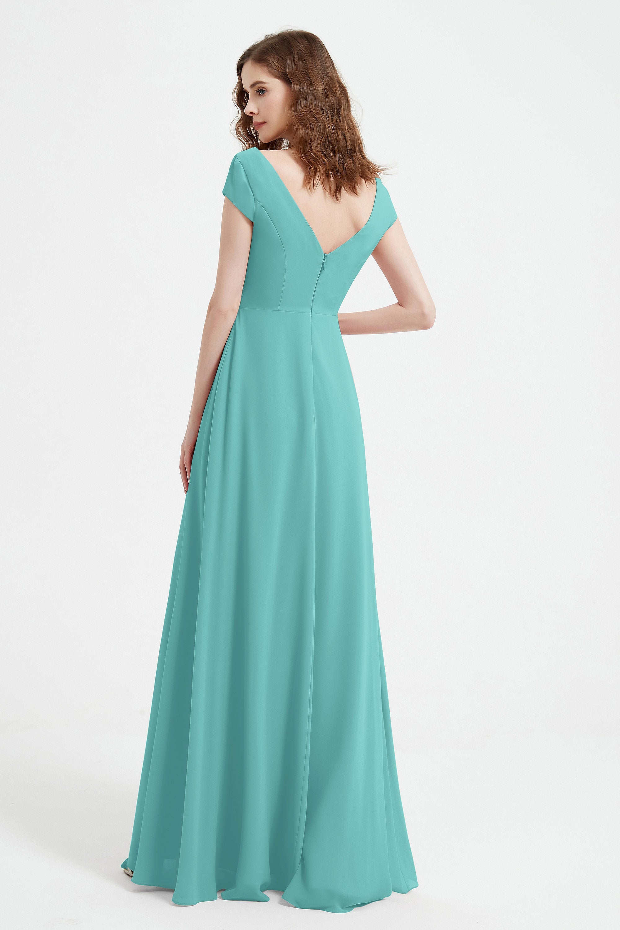 Cap Sleeves Chiffon Backless Bridesmaid Dress Long Formal Evening Dresses with Slit
